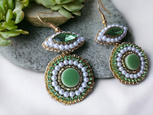 Green Embroidery earrings. Different type of beads and ceramic tile.