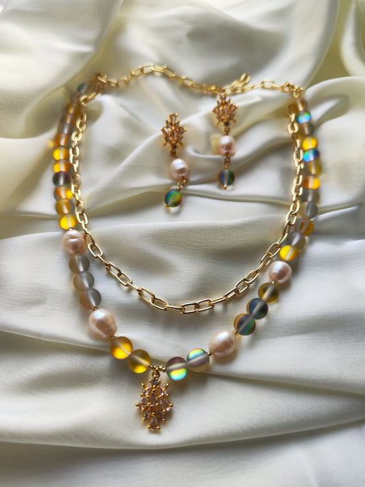 Add some shimmer to your look with the Juliet Beaded Jewelry set. Featuring mother of pearl beads, anti tarnish chains, and Yellow aura beads with CZ charms, this set is both stylish and durable. Shine bright with this unique and playful accessory. (No more jewelry-tarnishing woes for you!)