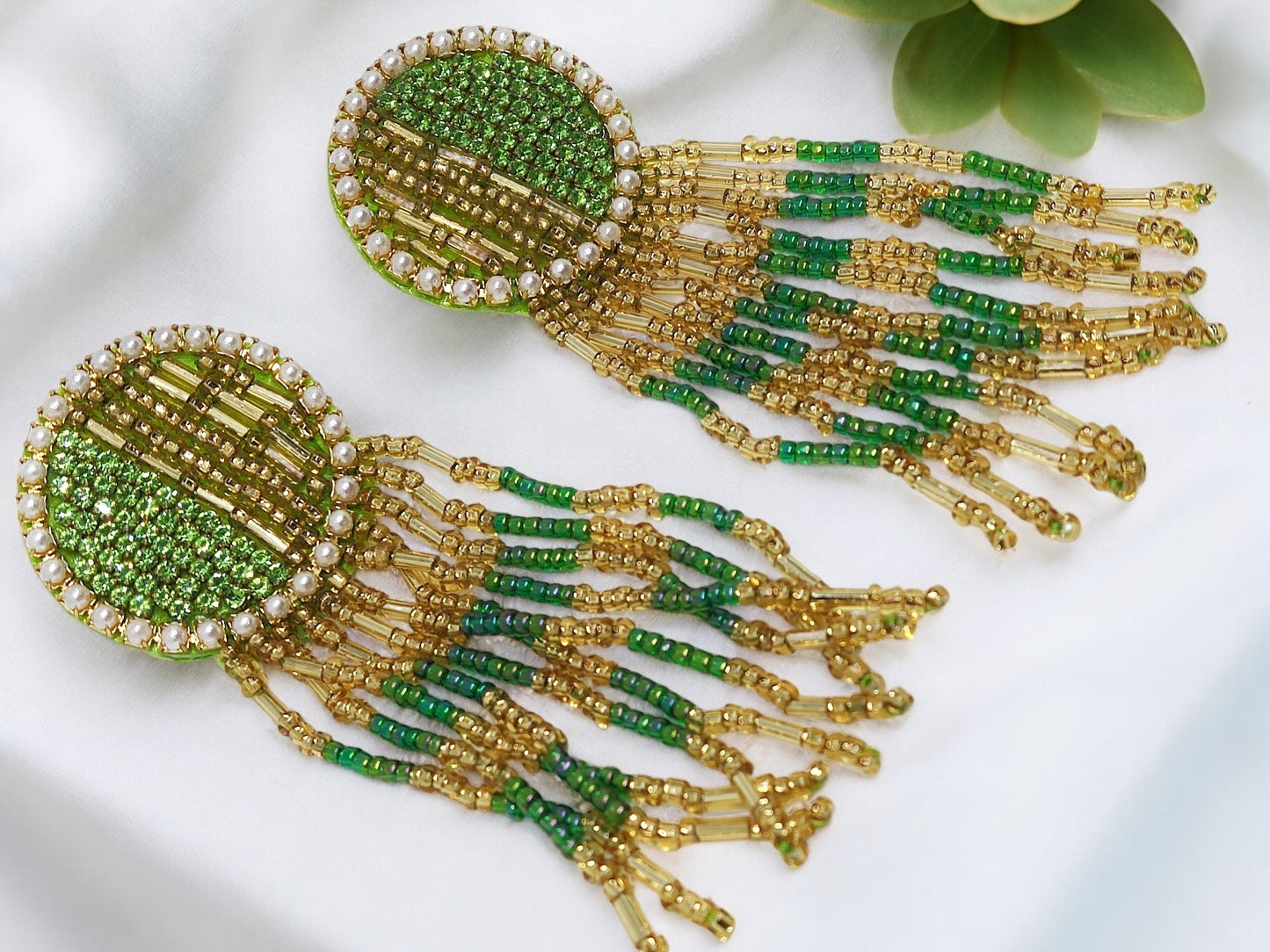 Green Handmade embroidery earring for women