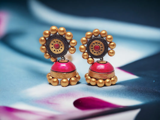 Golden and Pink jhumka terracotta earring to pair with ethnic wear. light wear and eco friendly sustainable piece of jewelry.