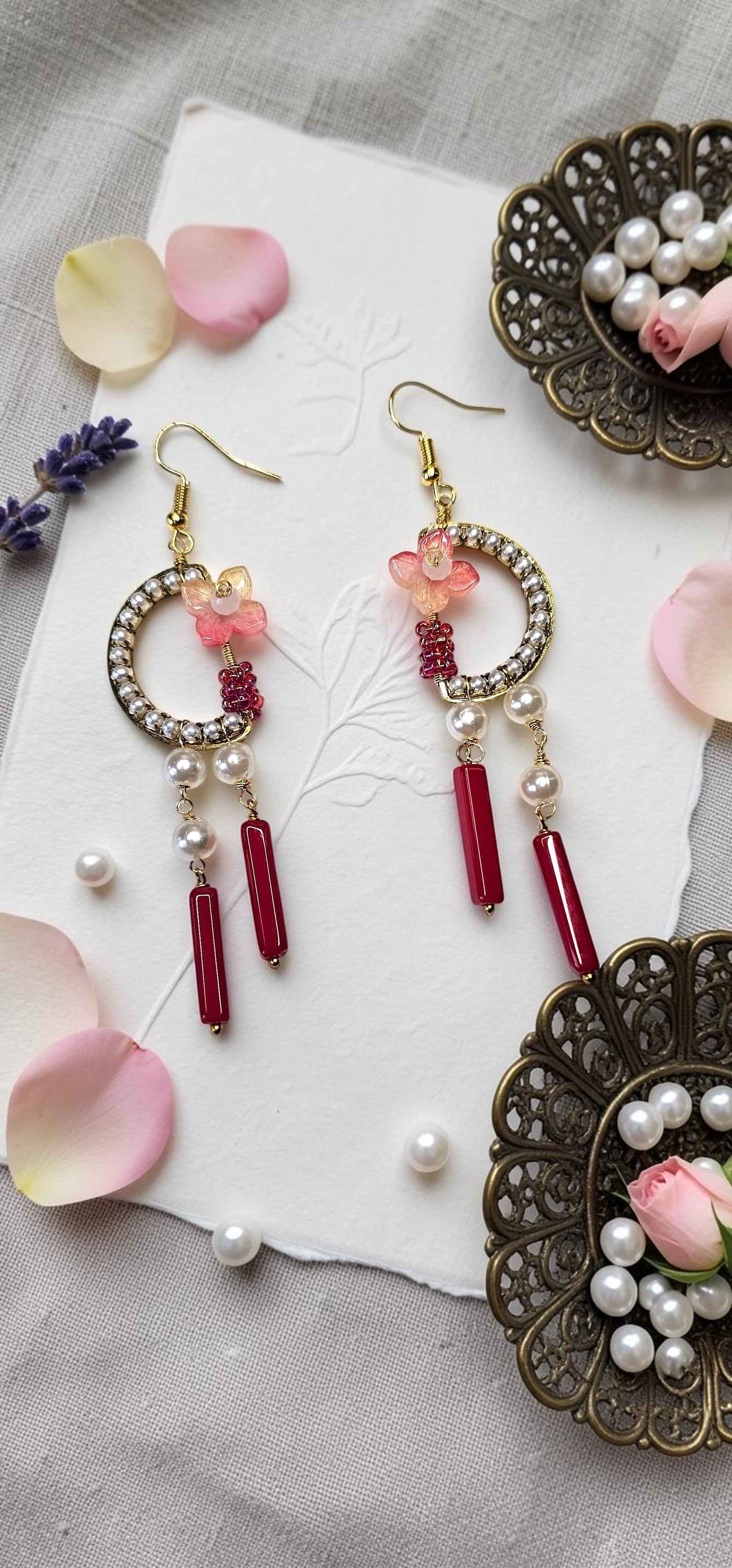 Blossom & Pearl Chandelier Earrings – Red Drop Statement Dangles