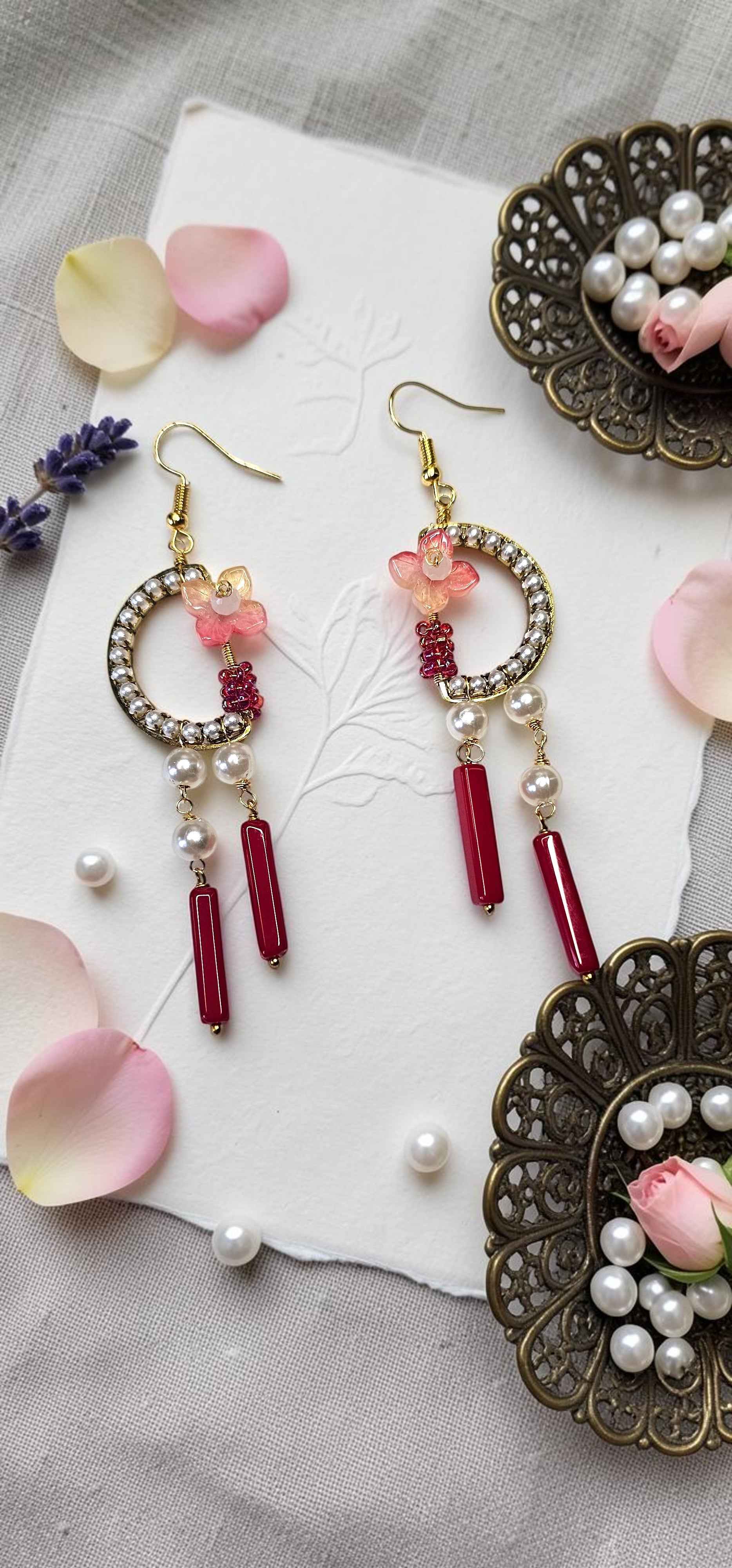 Blossom & Pearl Chandelier Earrings – Red Drop Statement Dangles