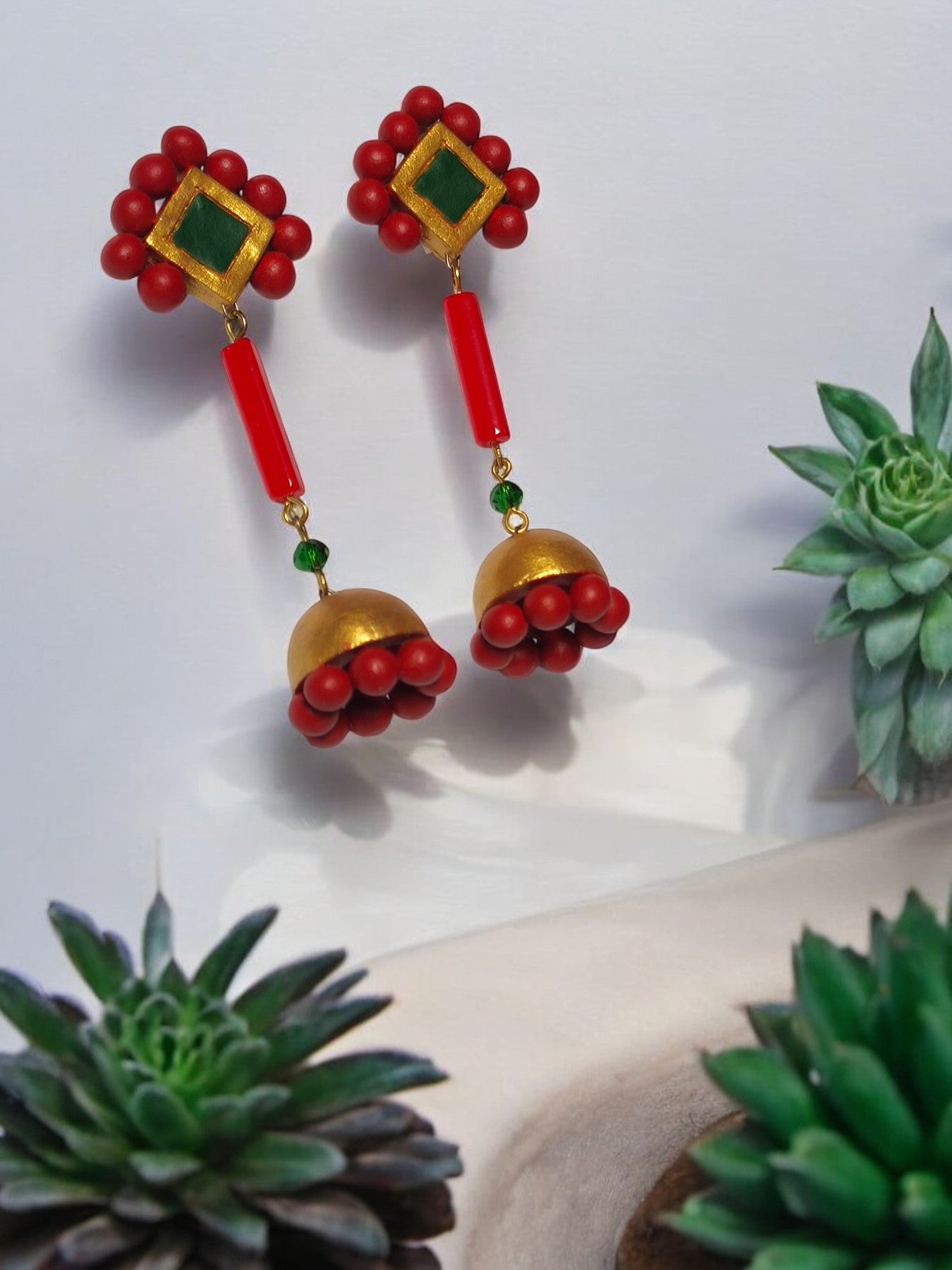 Anusangi Collections Abha statement dangle earrings terracotta red and green handcrafted design