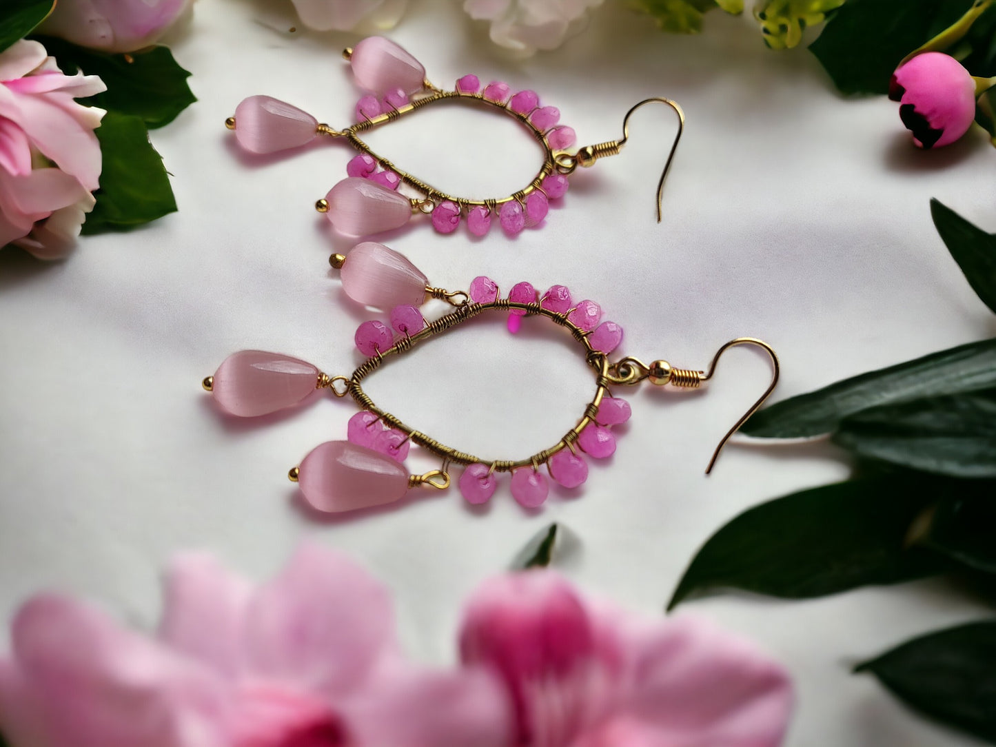 Anusangi Collections agate bead wrap earrings with pink and purple beads and gold wire detailing