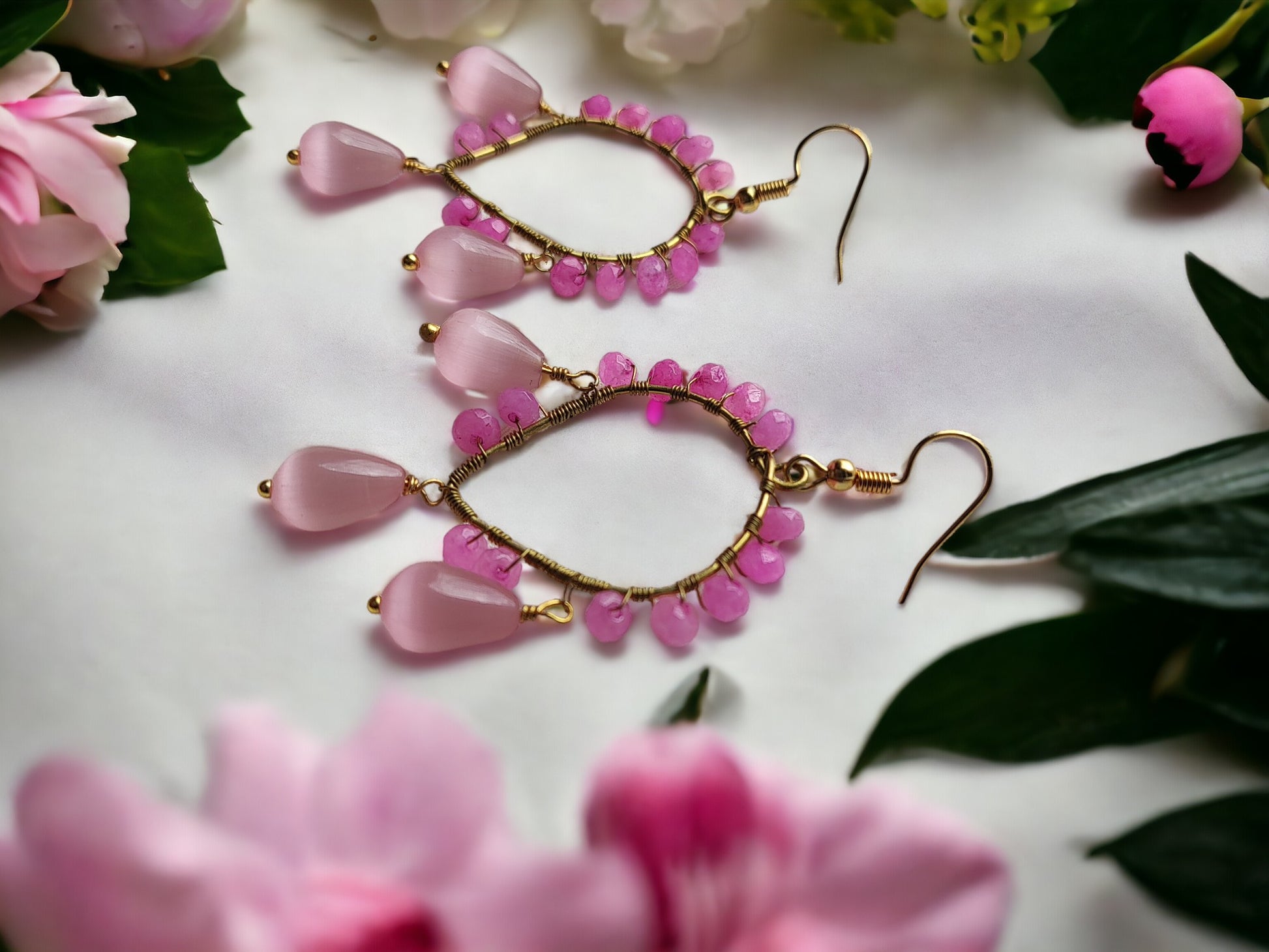 Anusangi Collections agate bead wrap earrings with pink and purple beads and gold wire detailing