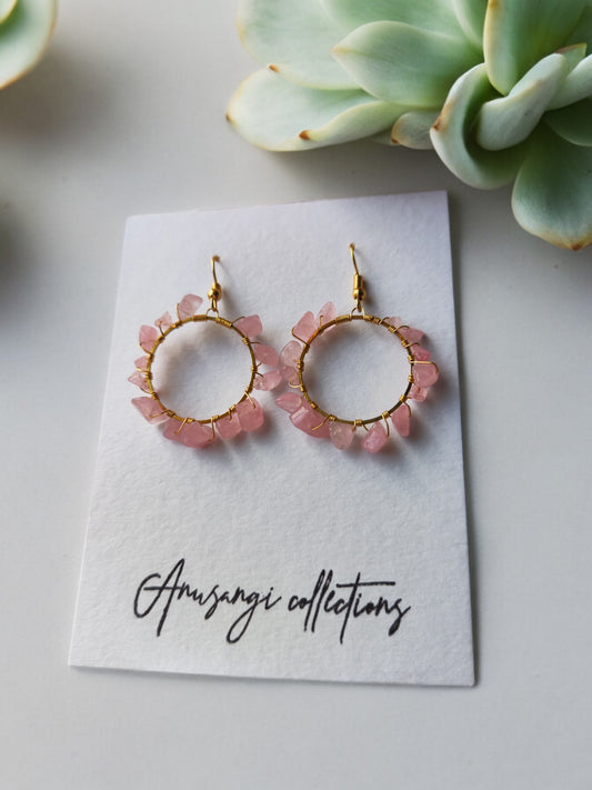 Agatha pink beaded hoop earrings from Anusangi Collections with delicate pink beads on gold hoops