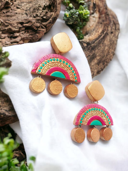 Colorful Amaria terracotta earrings online with pink, green, and gold accents by Anusangi Collections