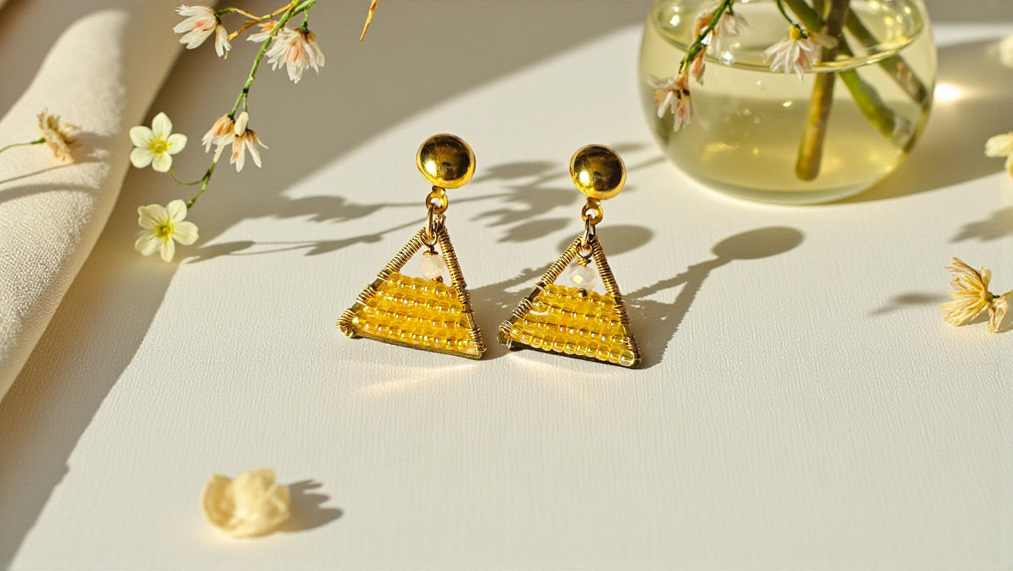 Anushka - beaded wire wrap earrings | Handmade earrings in yellow and gold, perfect for casual or formal wear