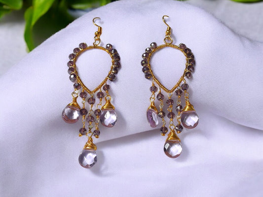 Anusangi Collections violet crystal earrings with gold-tone beaded teardrop design and dangling beads