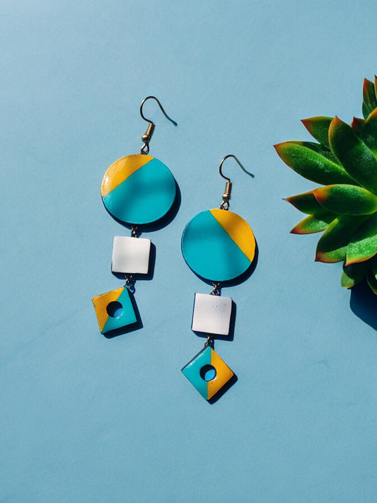 Anusangi Collections fancy terracotta jewelry blue and yellow geometric dangle earrings