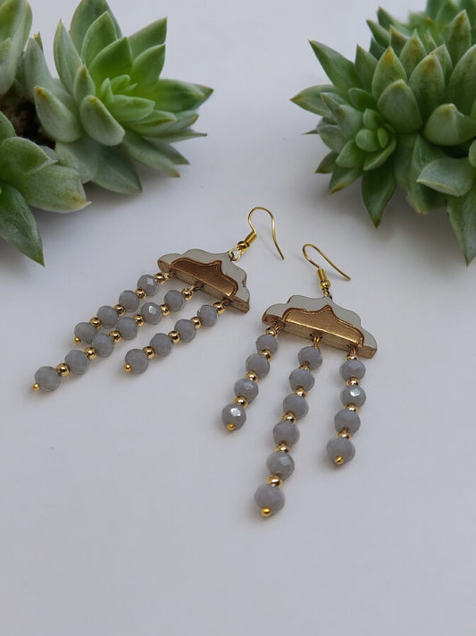Boho chic gray terracotta earrings with gold hooks and beaded dangles by Anusangi Collections