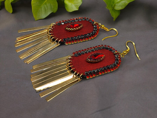 Boho red gold drop earrings with beads and gold fringe from Anusangi Collections