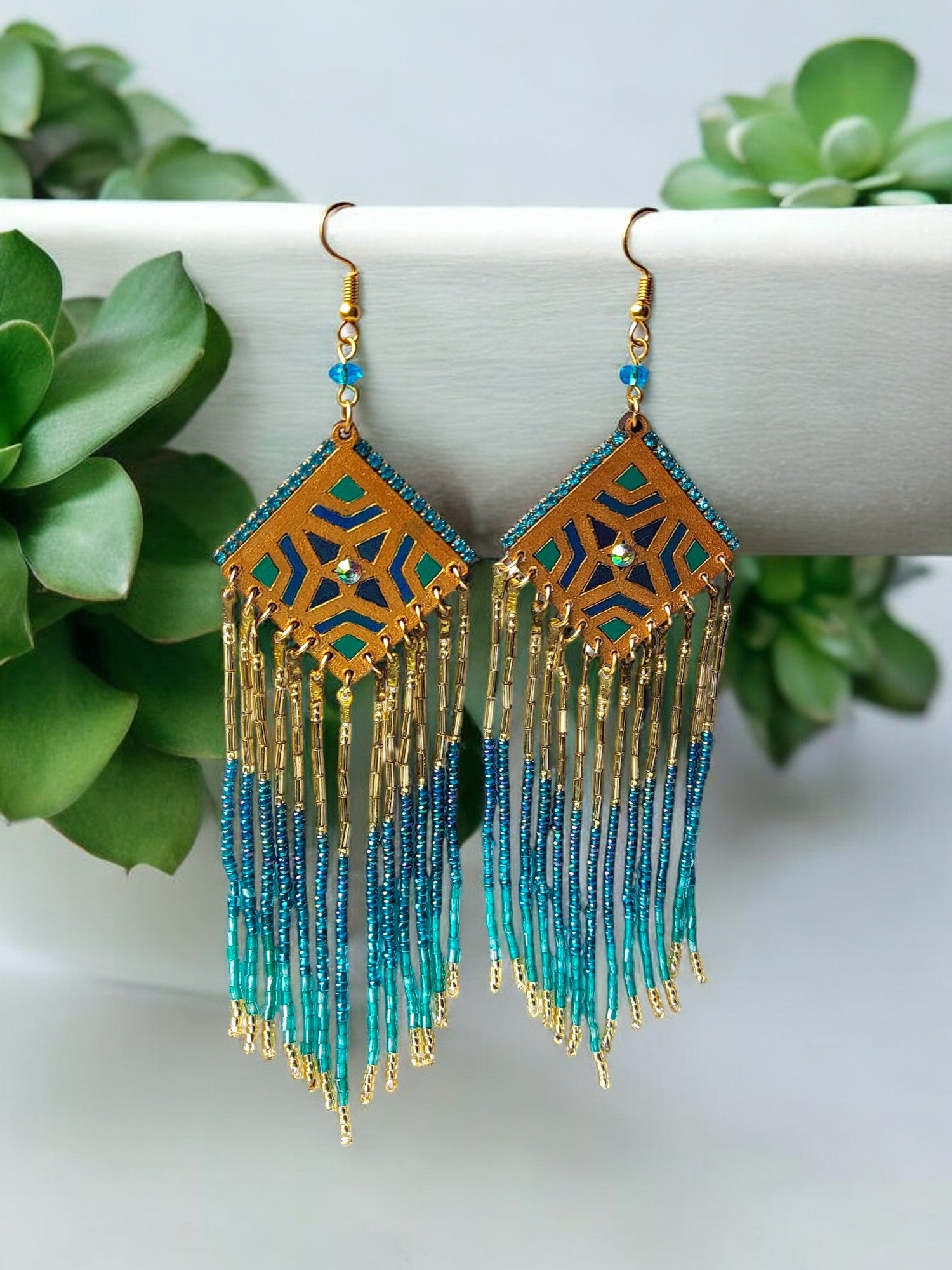 Anusangi Collections boho statement beaded earrings with gold fringe and blue turquoise beads