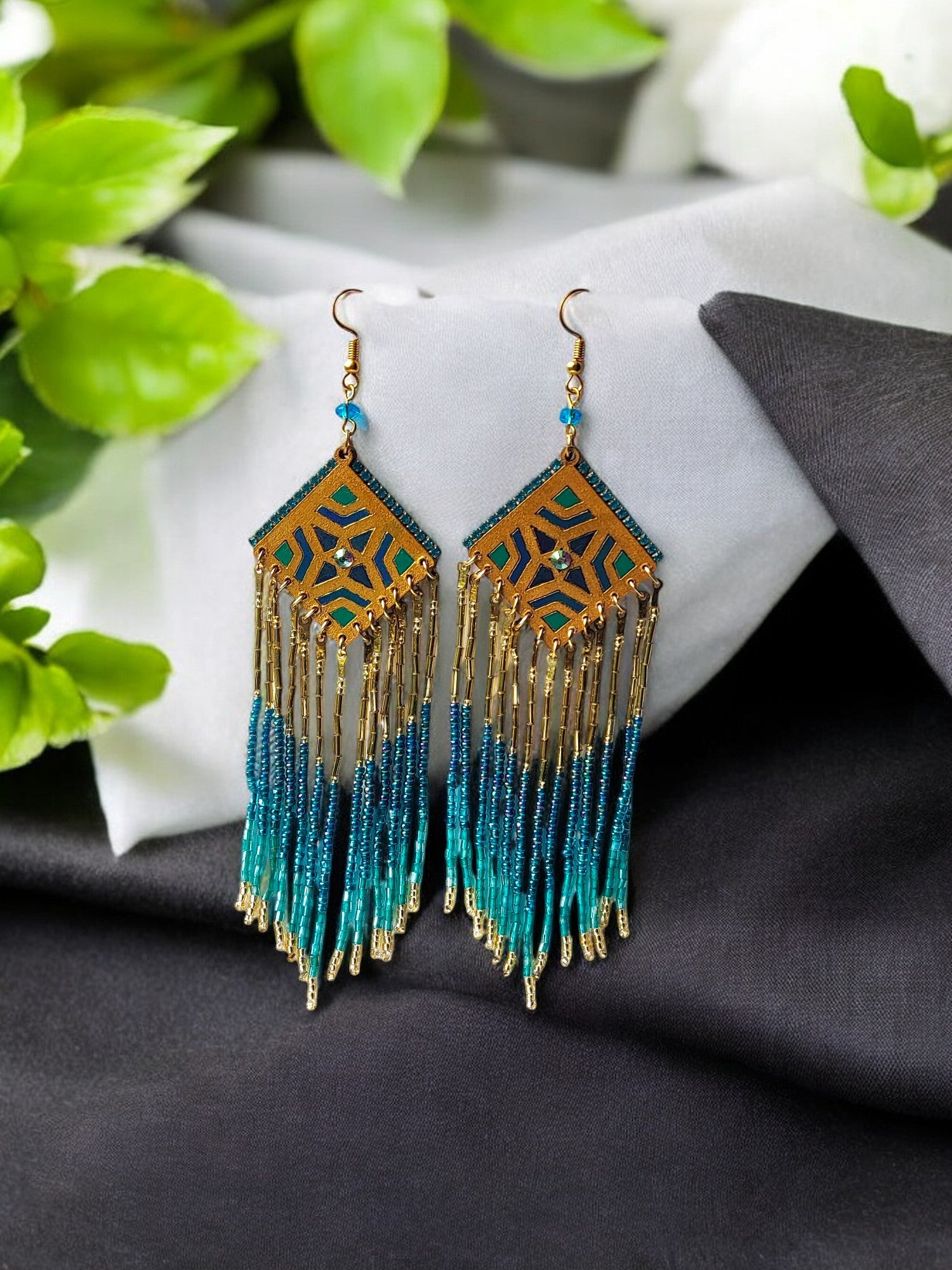 Boho statement beaded earrings with teal and gold beads from Anusangi Collections