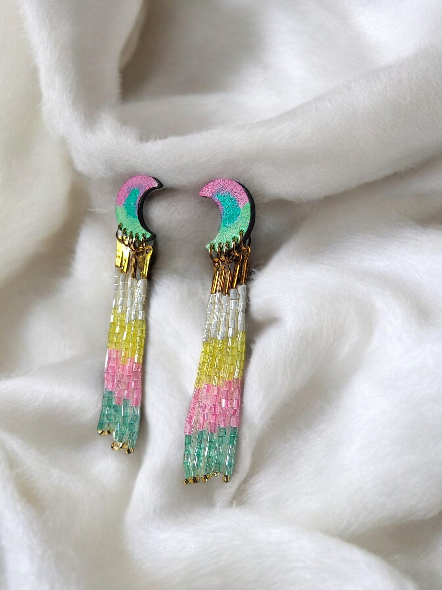 Colorful boho beaded jewelry earrings with pink green and yellow beads from Anusangi Collections