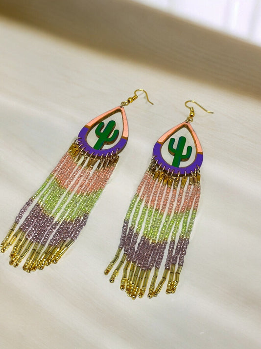 Colorful statement earrings for women with beaded fringe and cactus design by Anusangi Collections