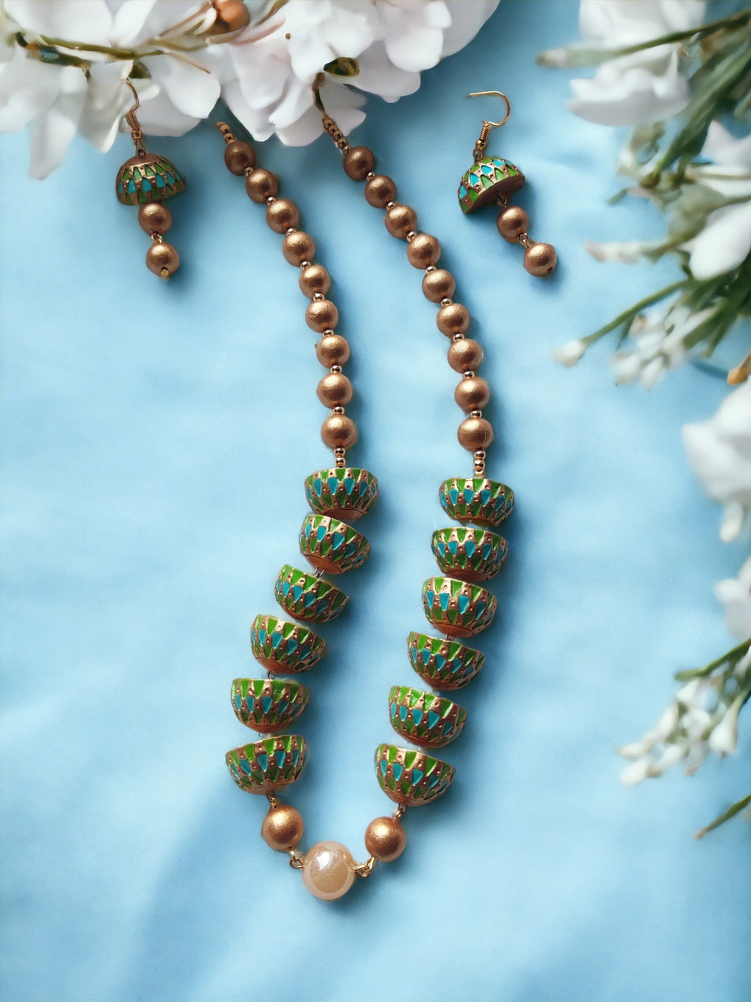 Emerald Tiered Jhumka Mala terracotta Necklace set with green and gold beads from Anusangi Collections