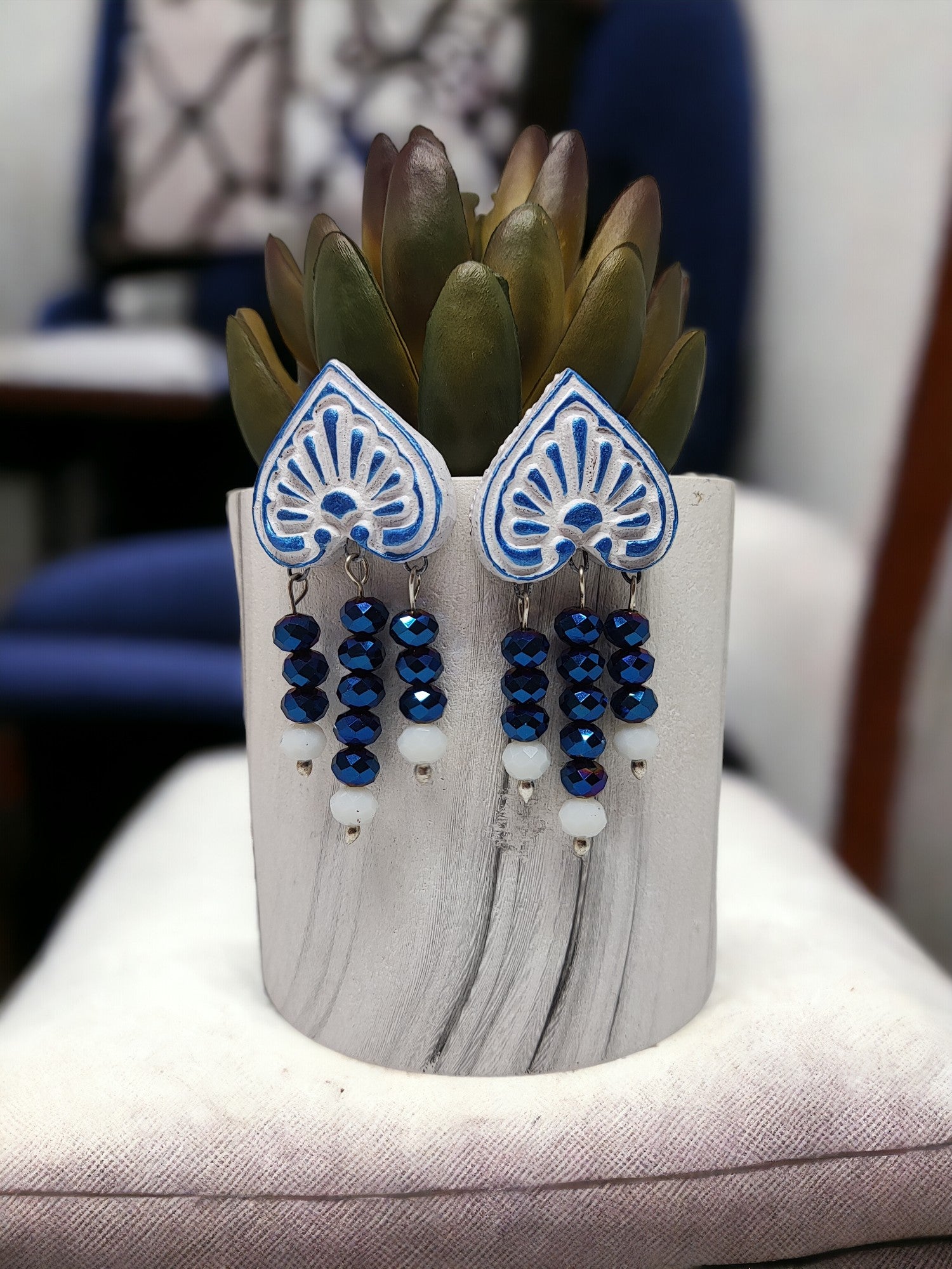 Anusangi Collections fancy terracotta earrings for women in blue and white with beaded dangles