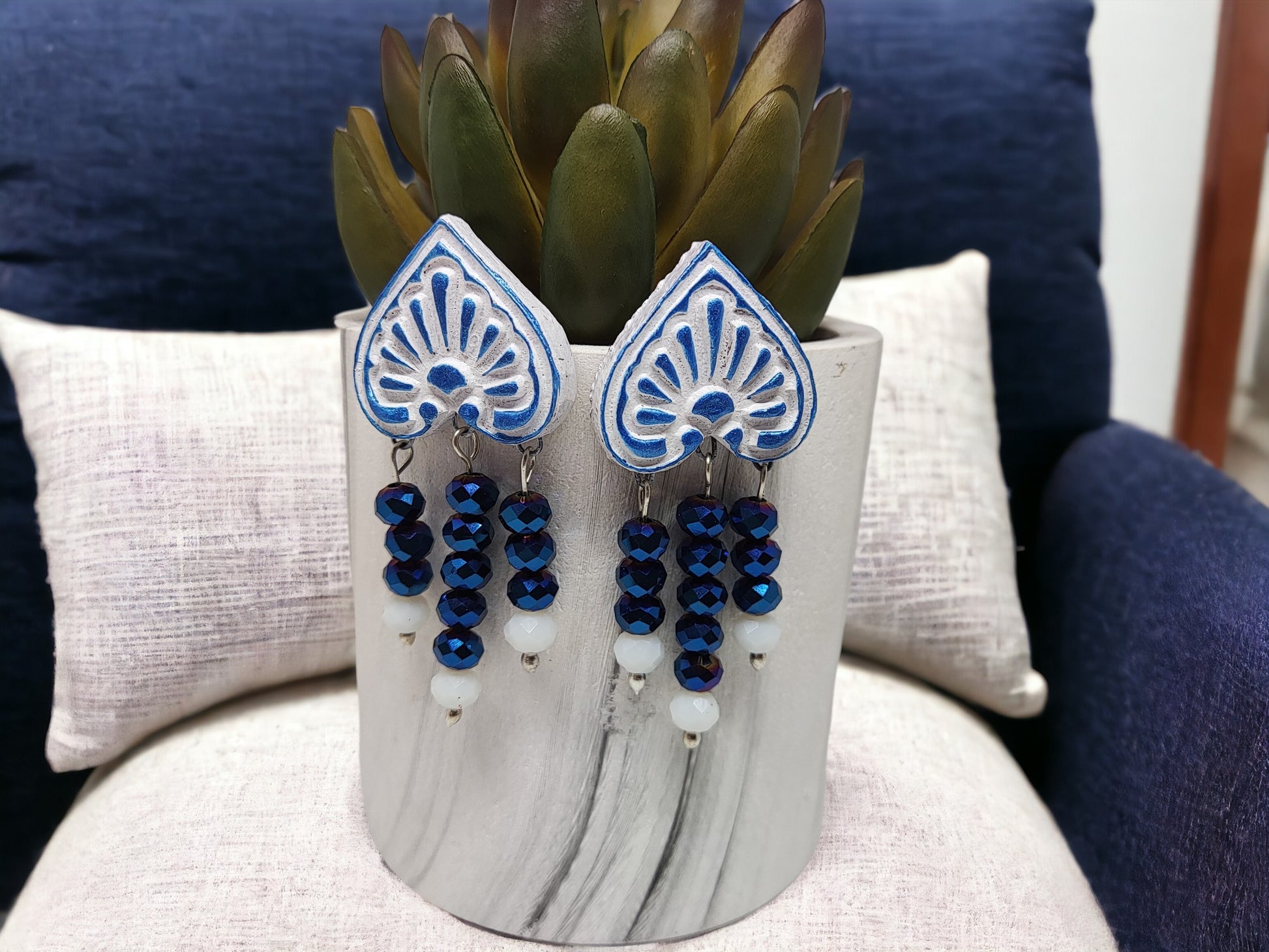 Anusangi Collections fancy terracotta earrings for women in blue and white beaded design