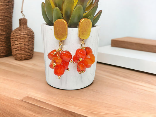 Anusangi Collections statement nugget earrings for women with orange beaded clusters and gold accents