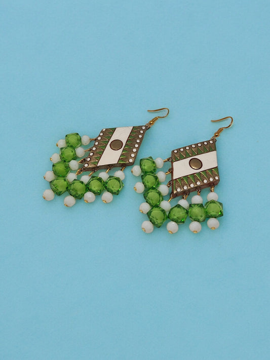 Green geometric design terracotta earrings with white beads from Anusangi Collections