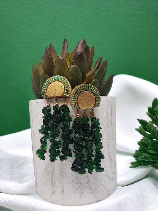 Anusangi Collections green terracotta earrings with gold and green semi-circular design and dangling green beads