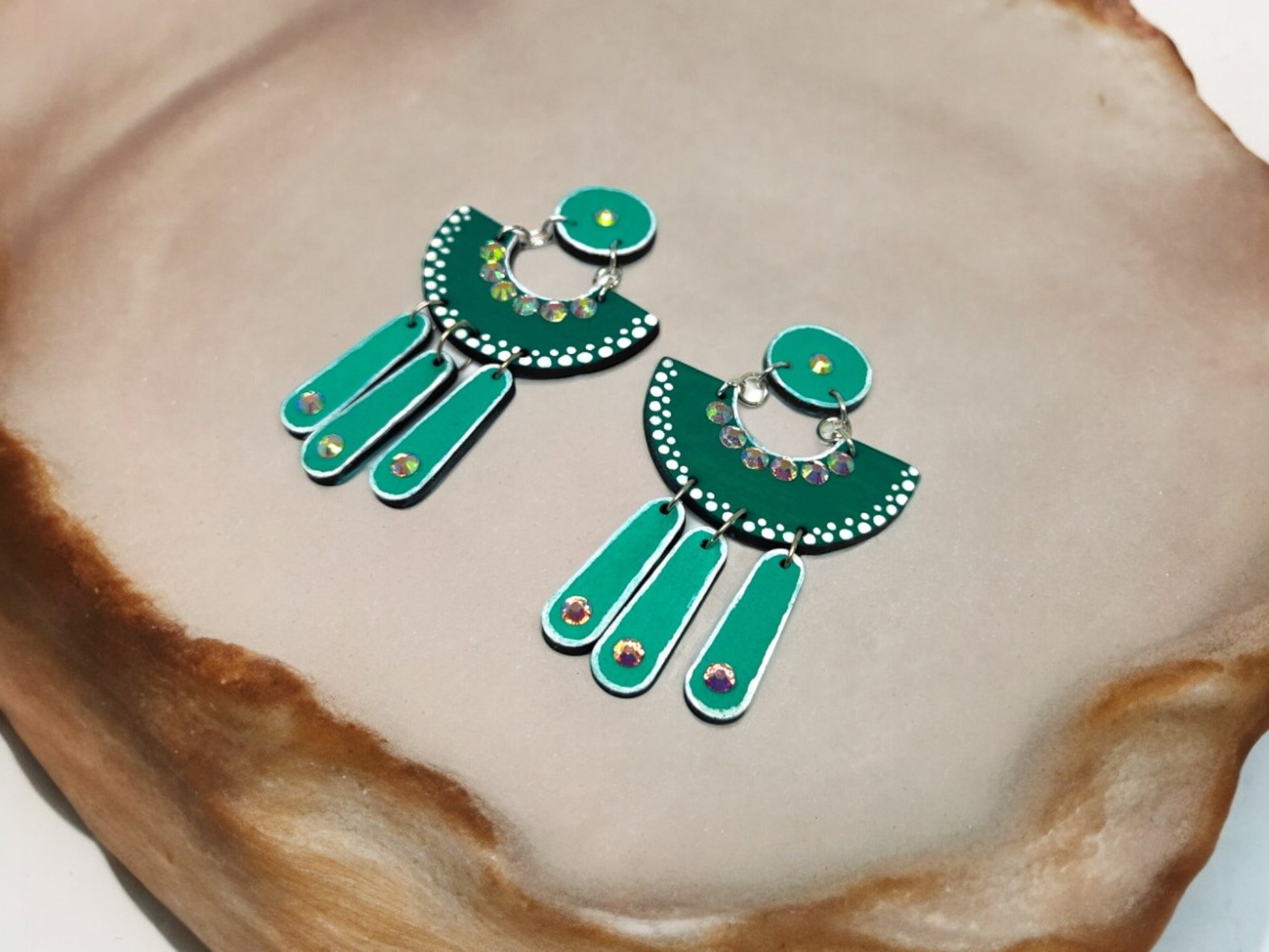 Anusangi Collections green terracotta earrings with beaded design and dangling elements