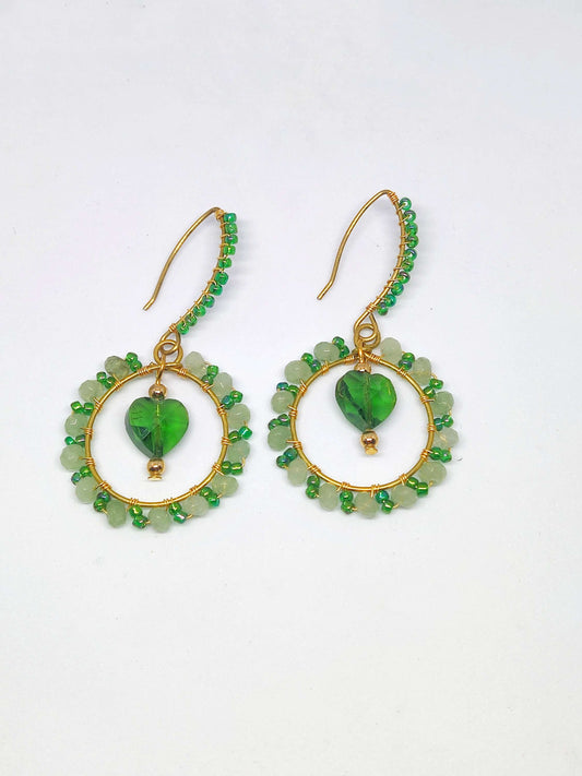 Anusangi Collections handmade green wire wrap earrings with green beads and heart-shaped centerpiece