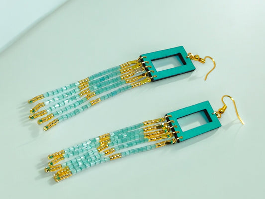 Sea green beaded earrings with gold accents and rectangular tops from Anusangi Collections