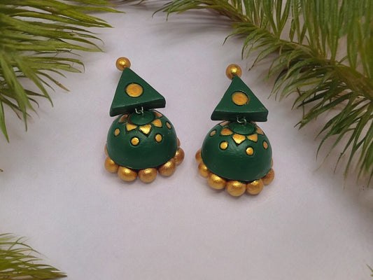 Anusangi Collections green and gold terracotta earrings showcasing handmade terracotta jewelry craftsmanship
