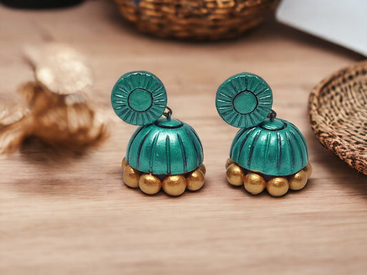 Handmade Terracotta jhumka earrings in teal and gold with floral design from Anusangi Collections