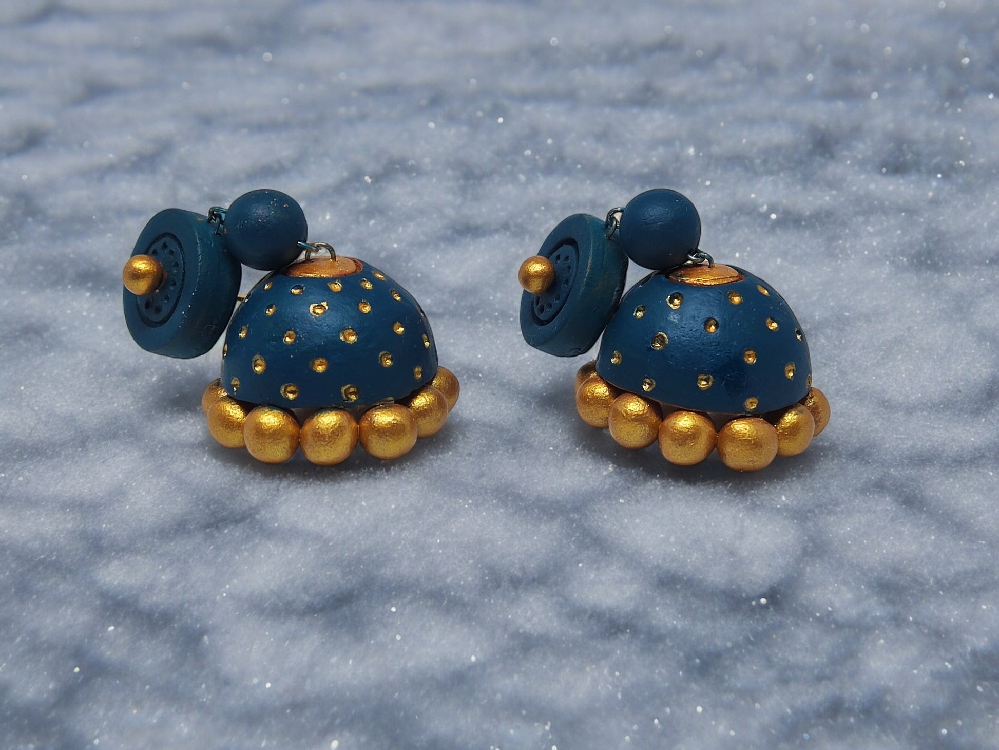 Blue and gold handmade terracotta necklace and earrings set from Anusangi Collections