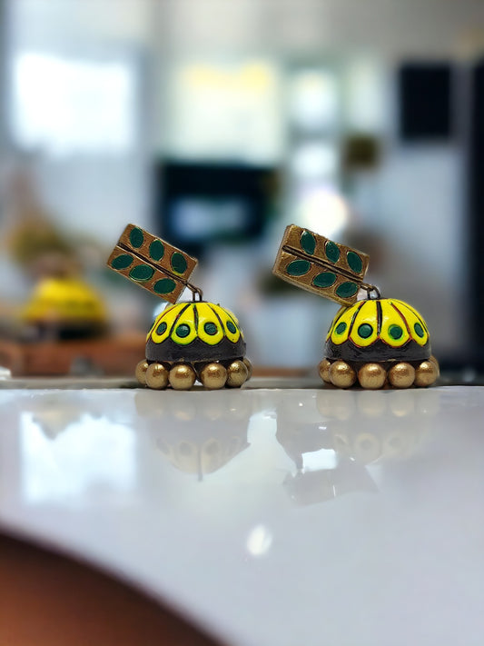 Indrani Jhumka terracotta earring for women by Anusangi Collections in yellow and green with traditional design