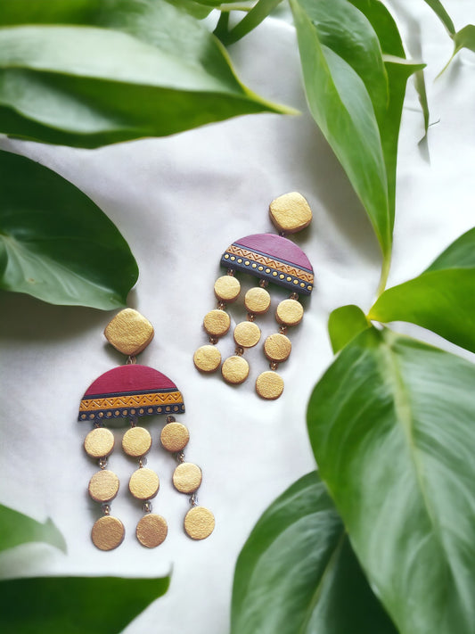 Anusangi Collections Ishani long earrings terracotta handcrafted with gold and maroon design
