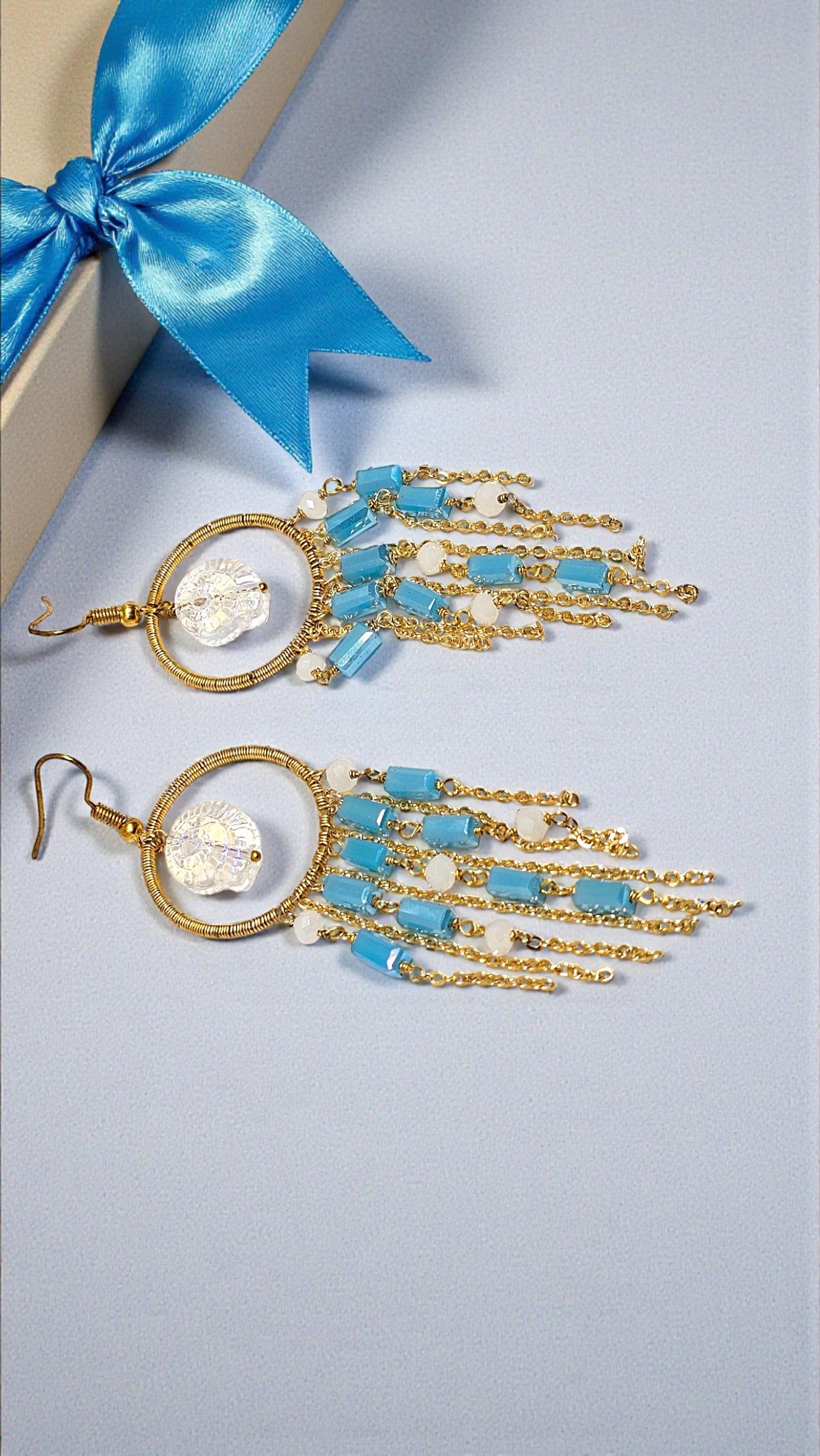 Jalpari Cascade Hoops beaded earrings with gold chains and blue beads by Anusangi Collections