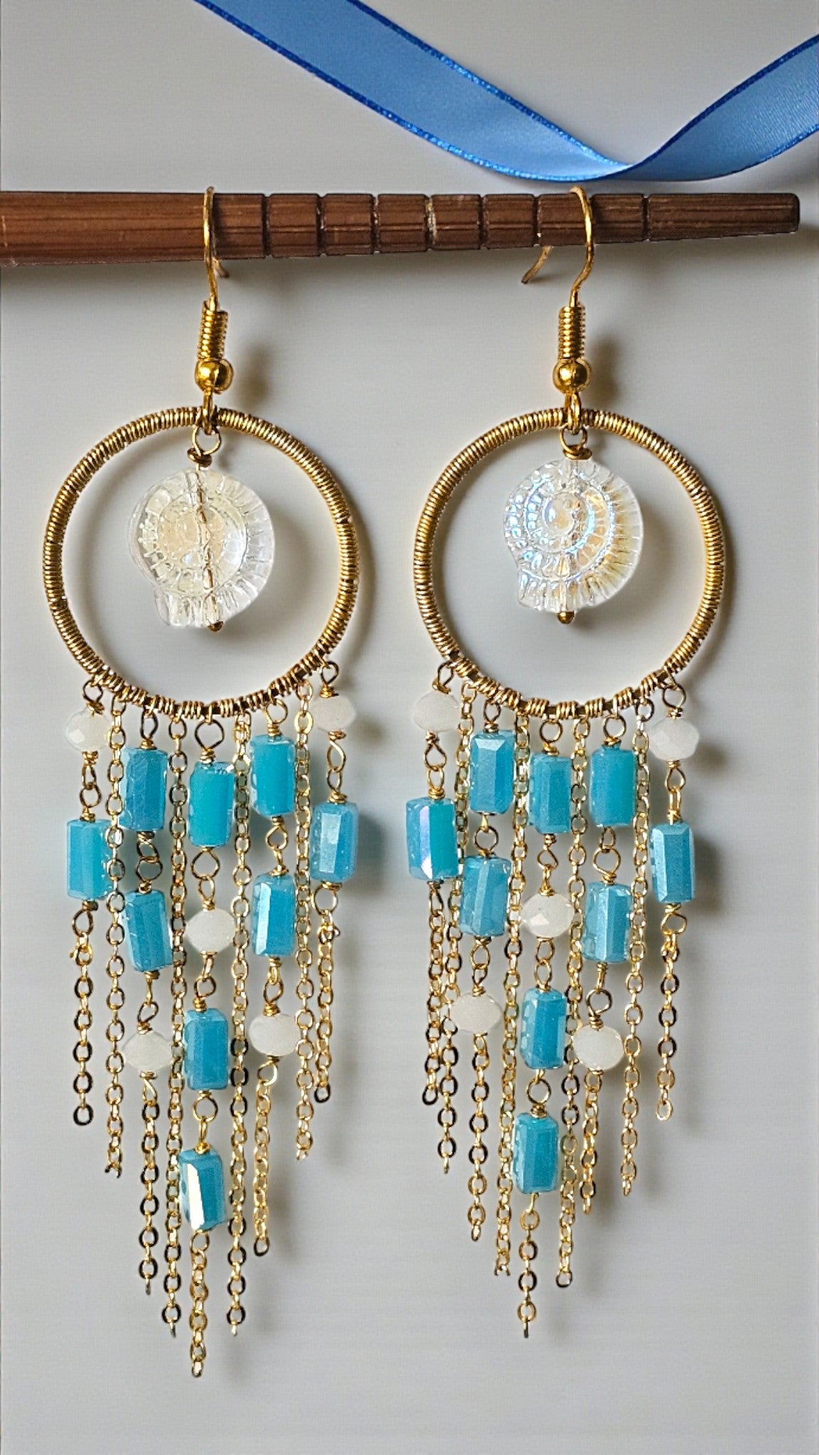 Anusangi Collections Jalpari Cascade Hoops beaded earrings with blue beads and gold chains