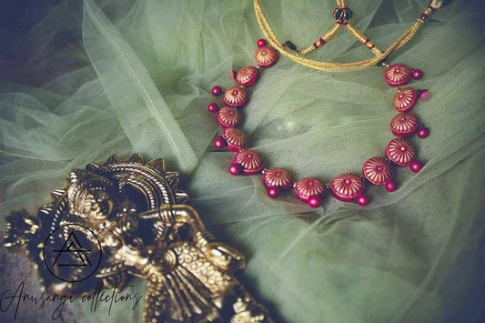 Laal Chakra Phool Necklace terracotta jewelry set from Anusangi Collections with red floral design beads