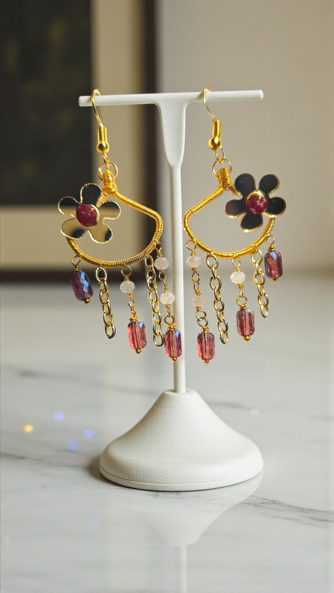 Lavender Orchid Chandelier statement Earring with beaded flower design and gold-tone chains by Anusangi Collections