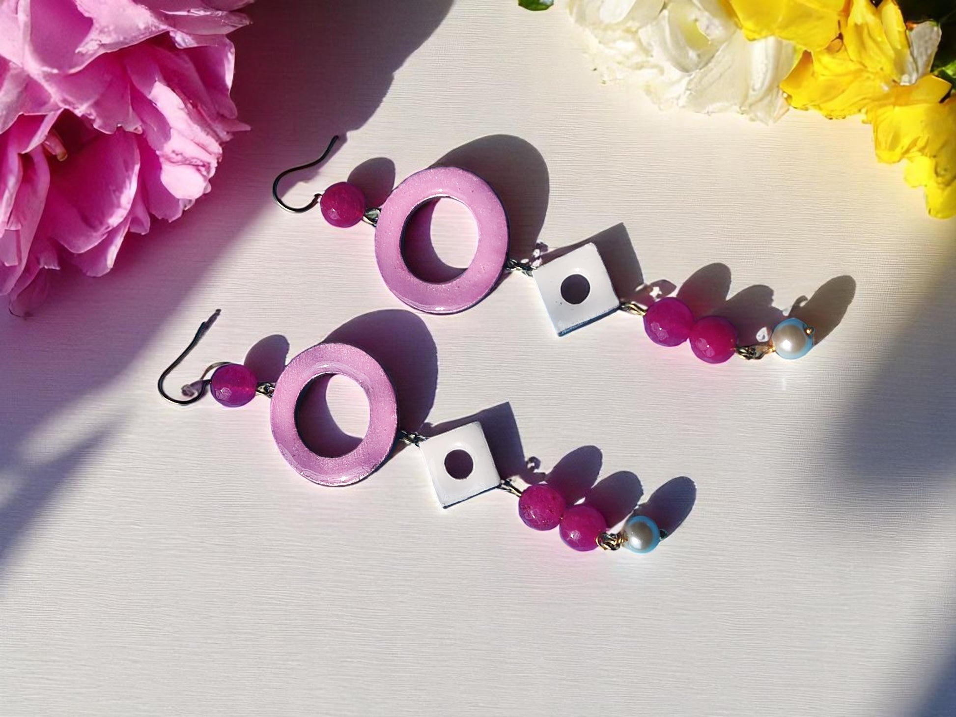 Mahika terracotta long earring in pink and white with bead and pearl accents from Anusangi Collections