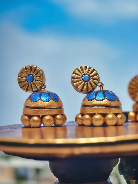 Maithili Jhumka earrings by Anusangi Collections featuring blue and gold terracotta design