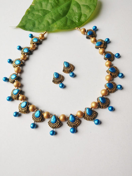 Ocean Blue Carapace Necklace terracotta jewelry set with matching earrings by Anusangi Collections