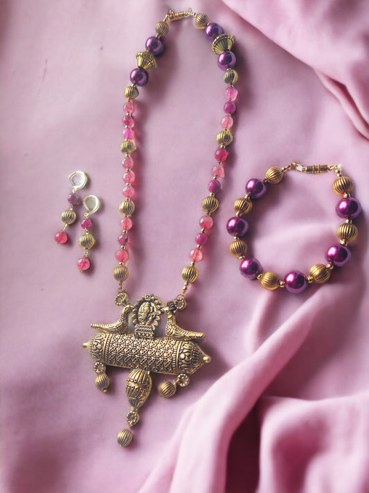 Ojasvi 3 piece jewelry set by Anusangi Collections featuring beaded necklace bracelet and earrings