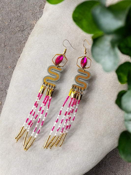 Pink and gold dangle earrings with intricate beading and elegant tassels from Anusangi Collections
