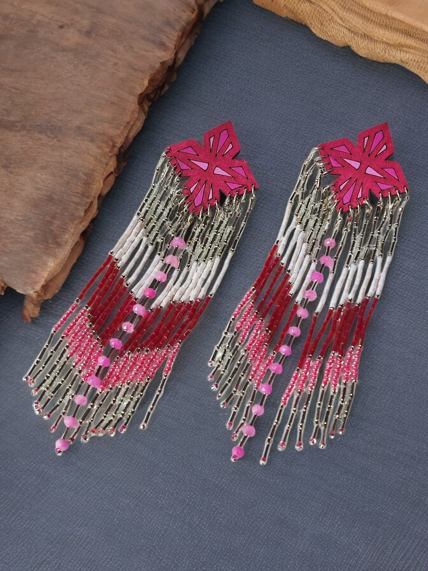 Anusangi Collections pink and white beaded long earrings with intricate design and fringe detail