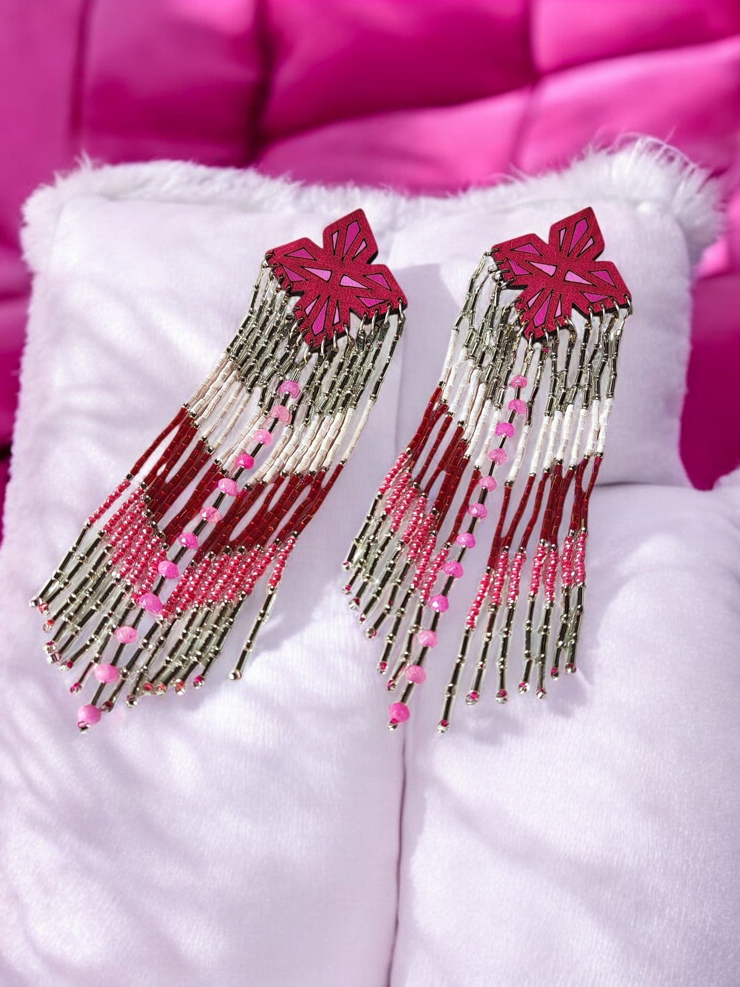 Anusangi Collections pink and white beaded long earrings with intricate floral top and dangling bead strands
