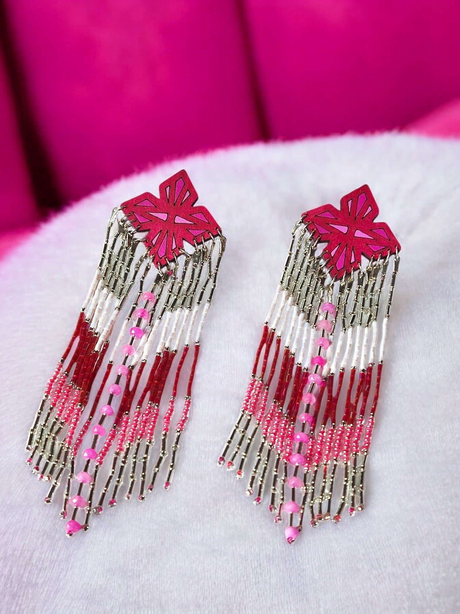 Pink and white beaded long earrings with intricate patterns from Anusangi Collections