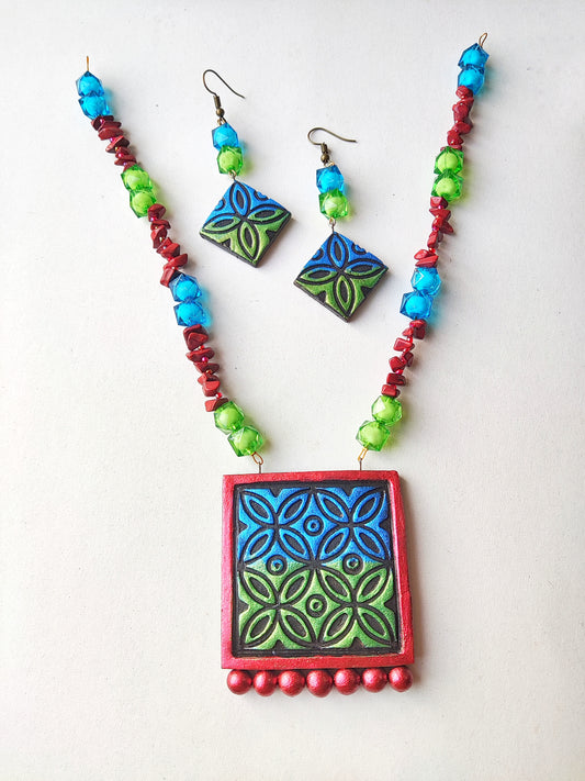 Anusangi Collections terracotta psychedelic zentangle jewelry set with colorful necklace and matching earrings