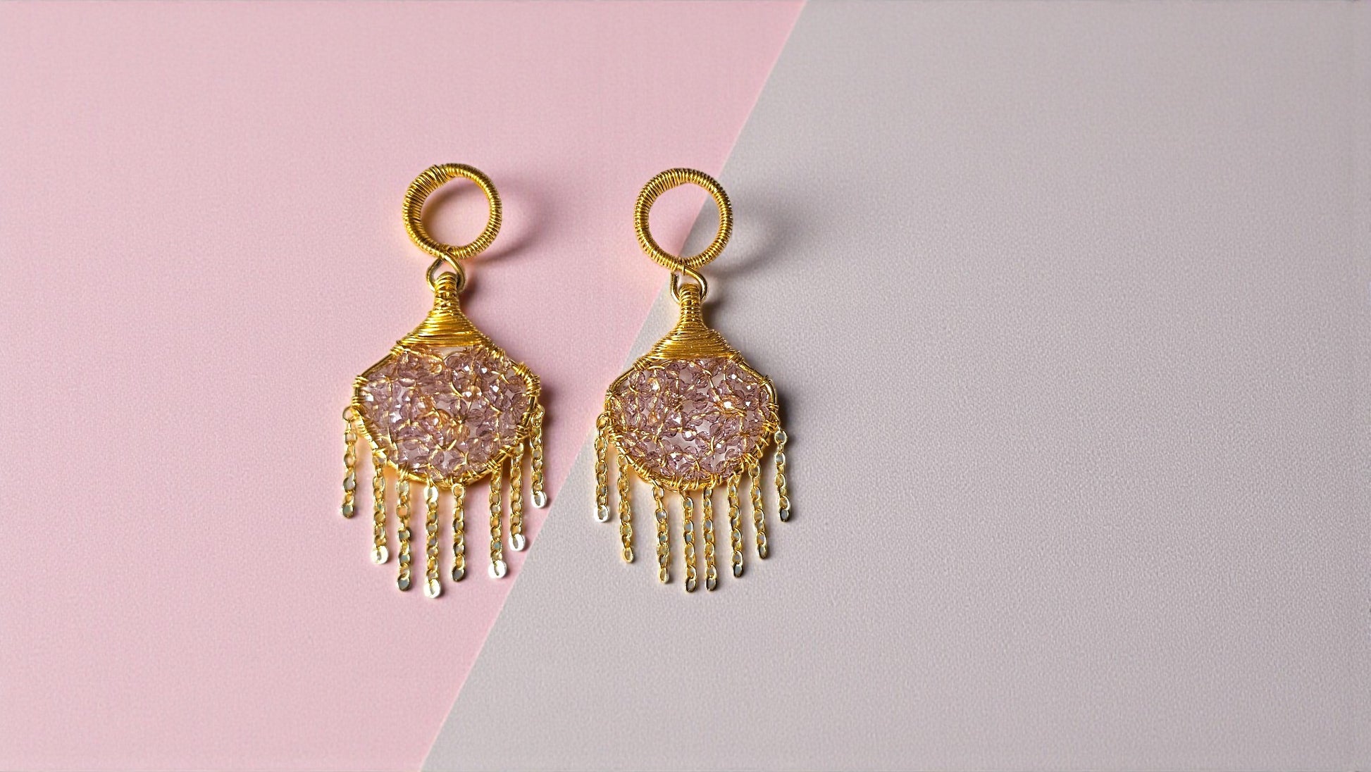 Purple Handmade Bead Wrap Earrings with Gold Accents and Dangle Design for Elegant Style