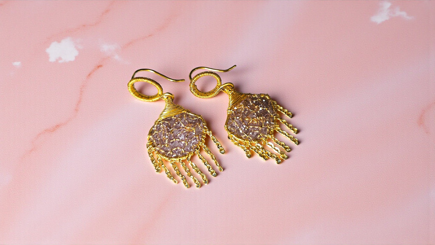 Purple Handmade Bead Wrap Earrings with Intricate Gold Detailing and Lengthy Beaded Fringe