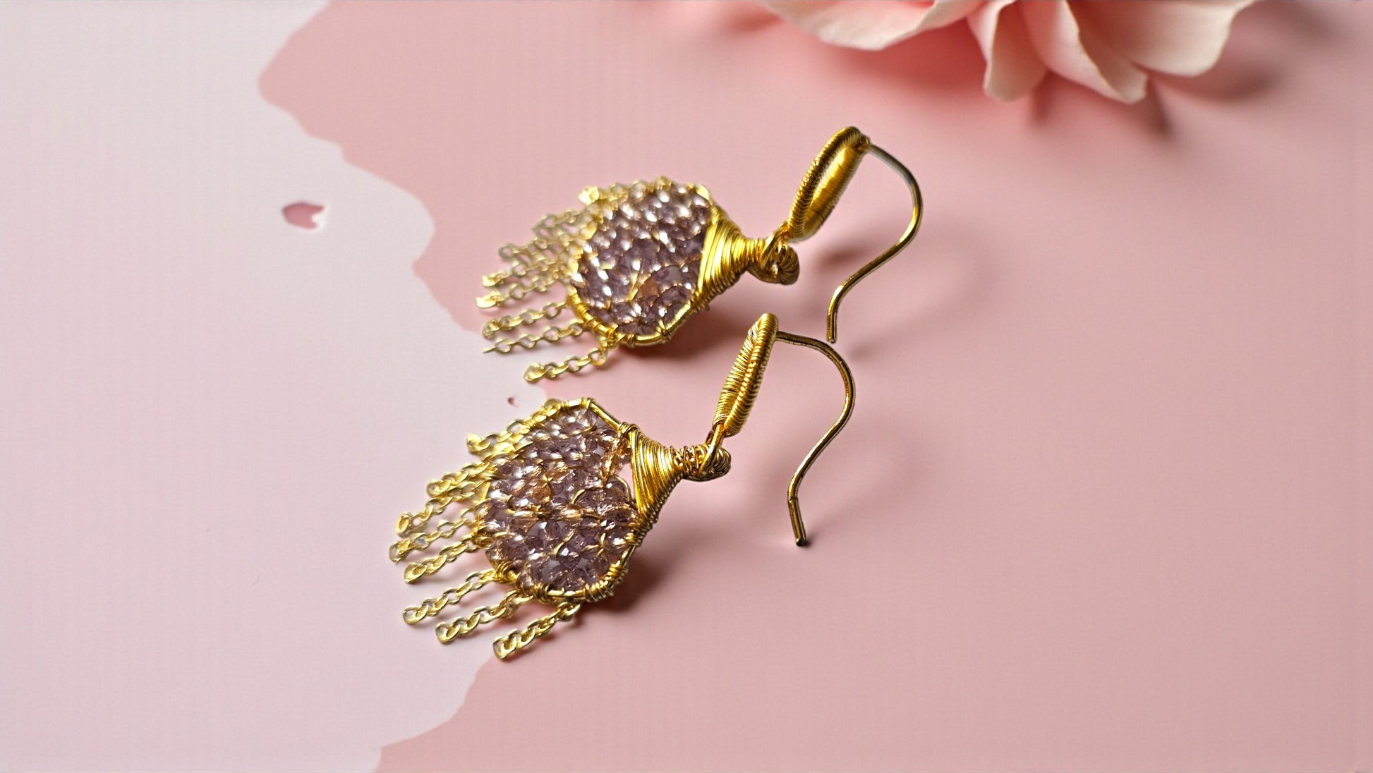 Purple Handmade Bead Wrap Earrings with Gold Wire and Beautiful Drop Design